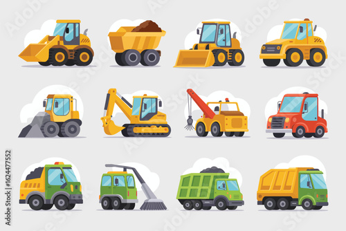 Collection of cute cartoon construction vehicles and trucks