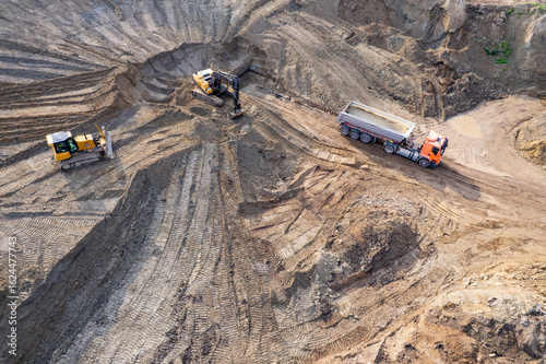 aerial view of quarry. excavator loading sand into dump truck