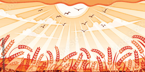 Autumn rural landscape, sunny sky and harvest, wheat field, ears of wheat, vector drawing