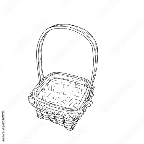 Wicker basket made of vines with a handle, black and white sketch. Vector illustration. The classic basket for picking mushrooms and autumn harvest is isolated on white background. For books, postcard