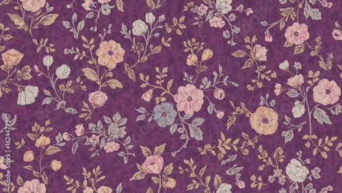 Infinite retro flower arrangement on a plum-colored surface