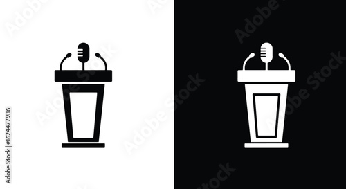 A set of two flat icons depicting a speaker's podium with microphones, shown in black on white and white on black.