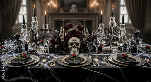 Eerie and Elegant: A Darkly Opulent Halloween Table Setting with macabre details