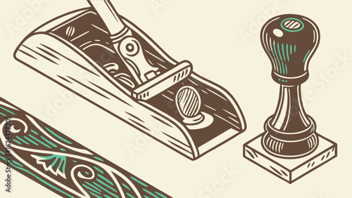 Vintage illustration of woodworking tools, including a hand plane and decorative wood piece, ideal for adding a touch of craftsmanship