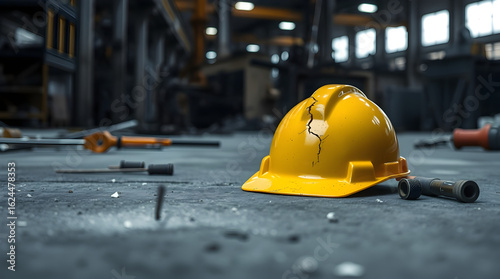 Cracked yellow hardhat lying on factory floor symbolizing workplace accident