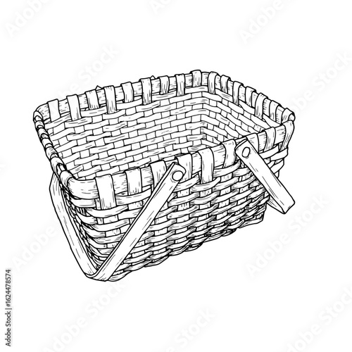 Wicker basket made of vines with a handle, black and white sketch. Vector illustration. The classic basket for picking mushrooms and autumn harvest is isolated on white background. For books, postcard