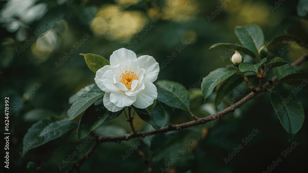 Obraz premium An elegant white Camellia bloom crowning the end of a branch.
