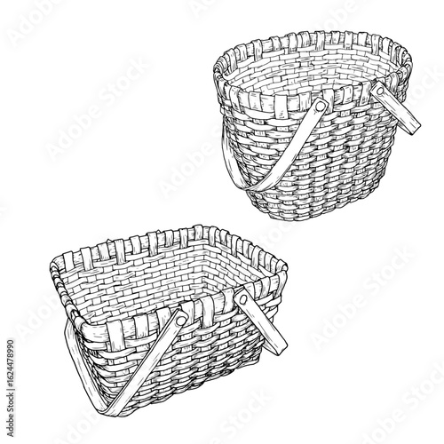 A wicker basket made of vines with a handle, a set of black and white silhouettes. Vector illustration. Sketches a basket for picking mushrooms and autumn harvest is isolated on a white background. 