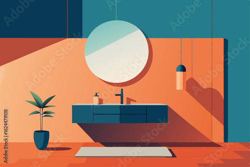 modern bathroom with floating vanity  round mirror.eps
