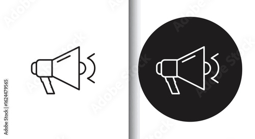 Two minimalist line art icons of a megaphone, one on a white background and one on a black circle, symbolizing announcement and communication.