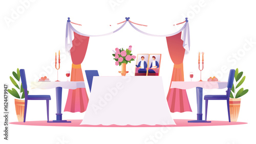 Illustration of a wedding reception table setting with floral arrangement and portrait of the grooms