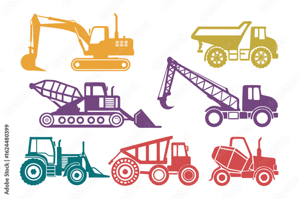 Naklejka premium Heavy Machinery Icons: A collection of colorful heavy machinery icons, ideal for illustrating construction and industrial concepts. Each vehicle is depicted in a vibrant and bold.
