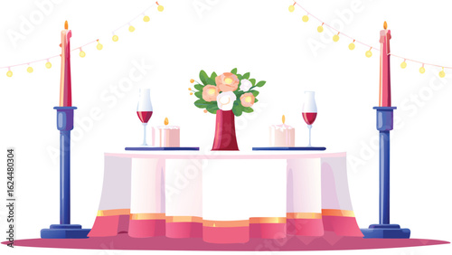 Illustration of a romantic dinner setup with candles, wine glasses, flowers, and string lights decor 100