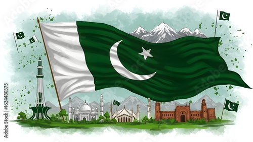 Pakistan Resolution Day – Waving Flag with Iconic Monuments and Snowy Mountains


