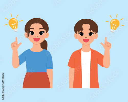 smile man is got new idea, cute woman pointing finger up with light bulb, happy male and female get inspire and solution character,  young guy and lady with creative idea illustration