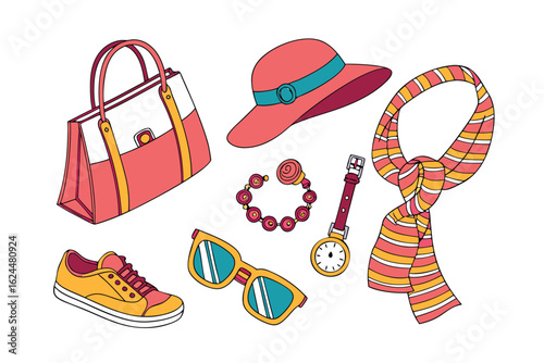Elegant Fashion Accessories: A collection of stylish fashion accessories, meticulously illustrated, including a chic handbag, a vibrant hat, a delicate bracelet, a fashionable watch, a trendy scarf.