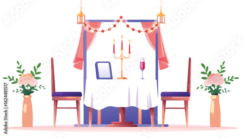 Illustration of a romantic dinner setup with table, chairs, flowers and decorations indoors scene view