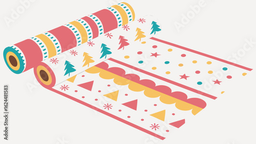 Festive wrapping paper roll isolated on white background, featuring colorful patterns for christmas, birthdays, and holiday gift decorations