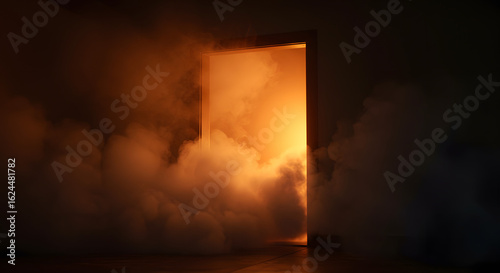 Mysterious doorway engulfed in billowing smoke with dramatic lighting and dark setting