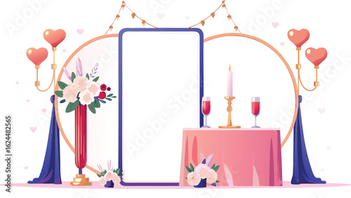 Romantic setup with hearts flowers and a blank frame for a special occasion celebration design art