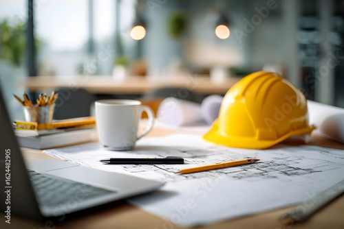 A yellow hard hat on a desk with a laptop, coffee cup, and blueprints.