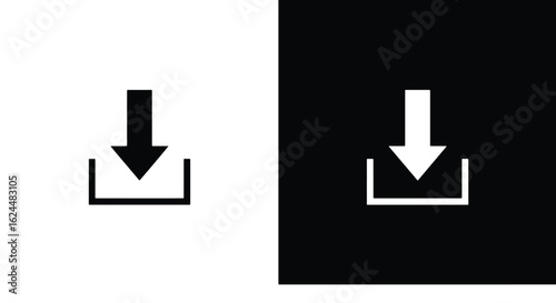 A minimalist download icon with a downward arrow and a tray, shown in both black on white and white on black variations.