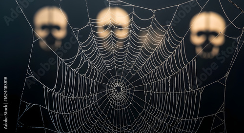Eerie Encounter: Dew-Kissed Web with Haunting Skull Silhouettes in Dark Night