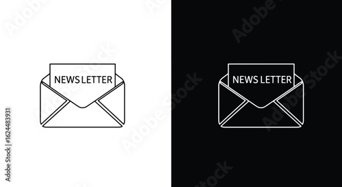 Minimalist black and white line art icons of an open envelope with a newsletter.