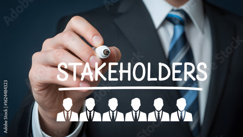 Confident businessman identifies key stakeholders in strategic planning meeting, visualizing success