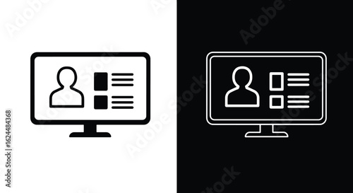 Black and white icons showing a user profile with personal details and a checklist on a desktop computer monitor.