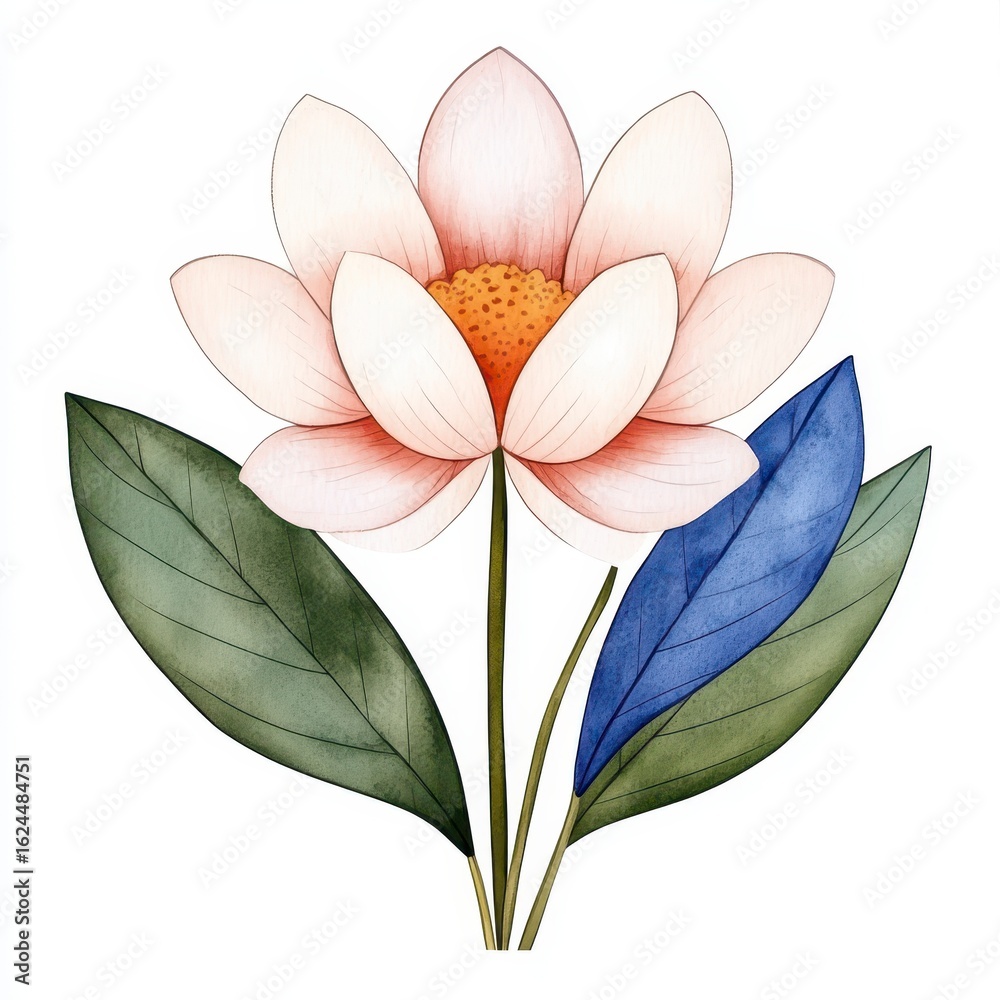 Obraz premium Delicate Pink Watercolor Flower with Blue and Green Leaves