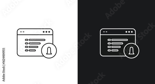 A minimalist line icon of a browser window with a list and an overlapping notification bell symbol for alerts, shown on black and white backgrounds.
