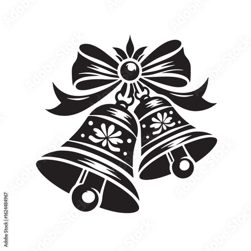 black Christmas bell with bow Silhouette Vector, High Quality Illustration on White Background
