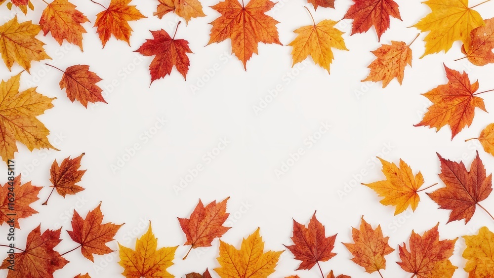 Fototapeta premium White backdrop with autumn leaves laid flat, conveying the essence of a fall celebration.