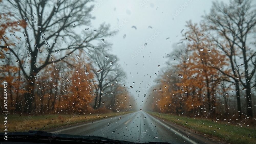 Fototapeta premium View of rainy fall landscape through a car window