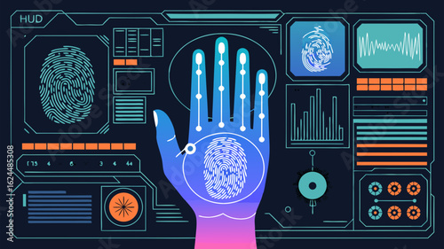 Futuristic biometric hand scan system with fingerprint recognition and data analysis