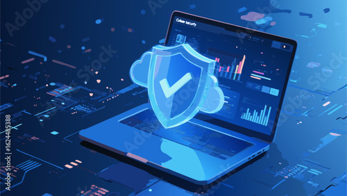 Cyber security concept laptop displaying cloud shield with checkmark for data protection