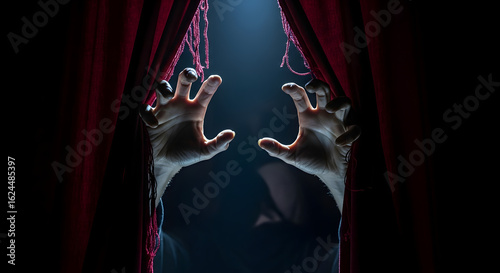 Eerie emergence: Pale hands tear through tattered red curtains in stark darkness
