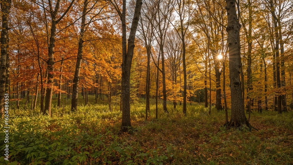 Fototapeta premium Vibrant fall scenery in a lush forest setting
