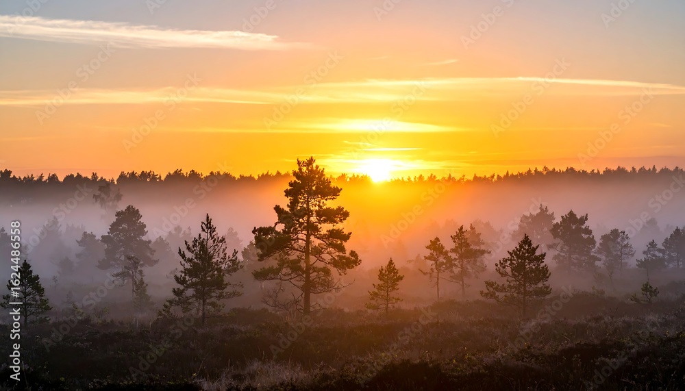 Fototapeta premium Misty sunrise over a forest with silhouetted trees and a warm, golden light