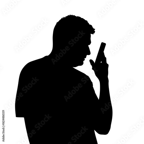 Silhouette of man holding phone against white backdrop. Shadowy figure is using a mobile device. Silhouette with dramatic backlighting suggests a mysterious or contemplative mood
