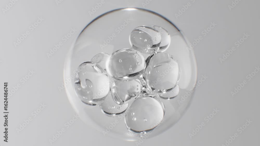 Abstract cosmetic background with glass spheres and bubbles inside a larger orb. Hyaluronic acid, serum, or the molecular structure of a hydrating essence motion science concept.