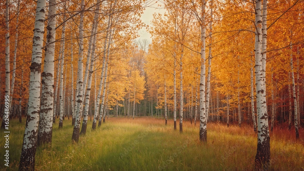 Obraz premium Birch woodland transitions from summer to fall in an abstract scene