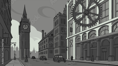 A vintage cityscape illustration of london with big ben, old buildings, and cars, showcasing the historic architecture and urban scene of the city