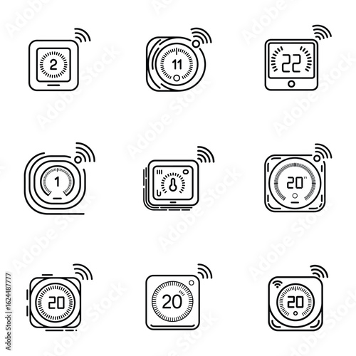 Collection of nine hand drawn digital thermostats displaying various temperature settings and wi fi signals