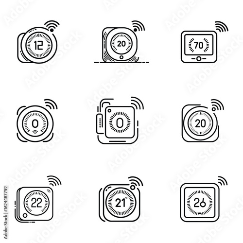 Collection of hand drawn smart thermostat icons showing different temperature settings and digital displays