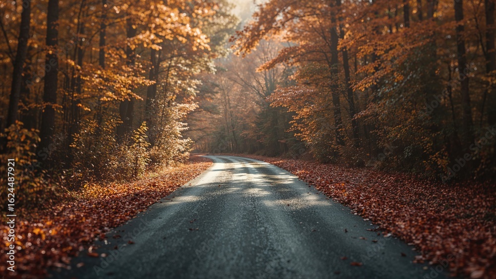 Fototapeta premium Forest Trail with Asphalt Surface: Representing the Path Ahead and Life's Adventure on a Pleasant Autumn Afternoon