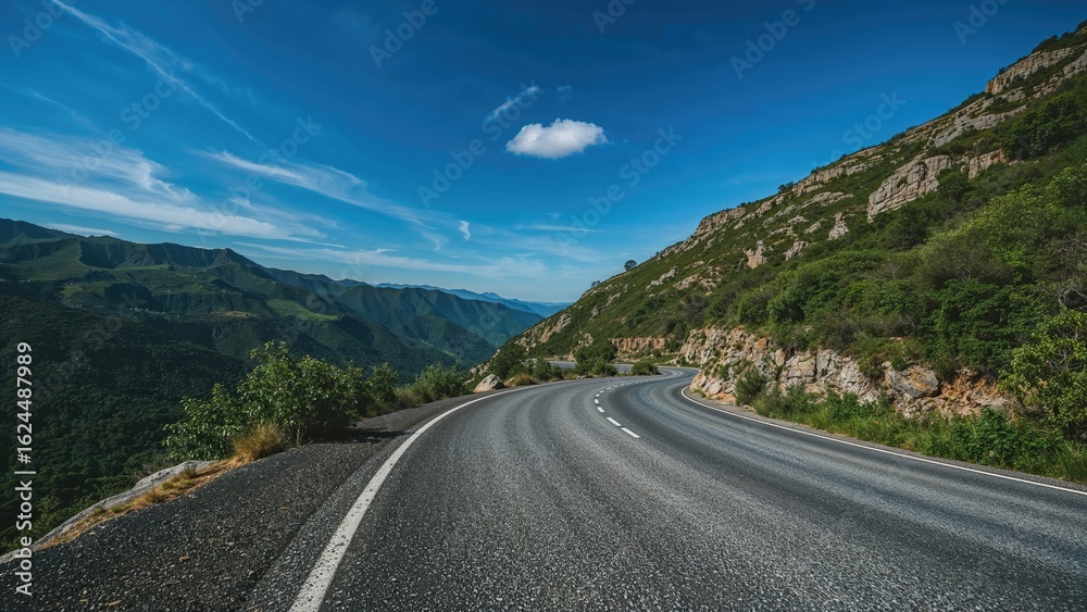 Fototapeta premium Bitumen street amid vibrant mountain scenery under a sunny cerulean sky