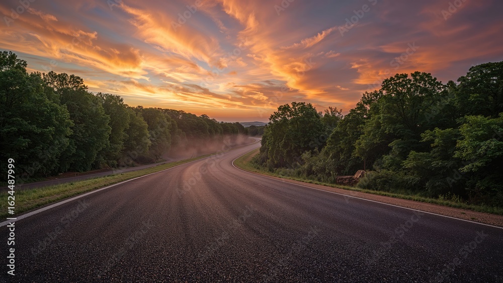 Naklejka premium Evening sky with clouds illuminating a forest next to a smooth raceway