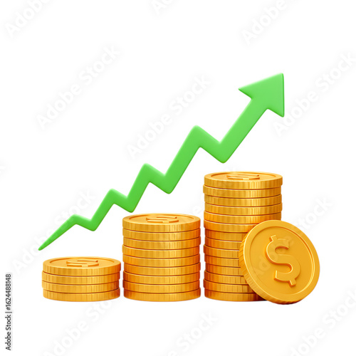 Stacks of gold coins with green upward trending graph isolated on a transparent background money finance